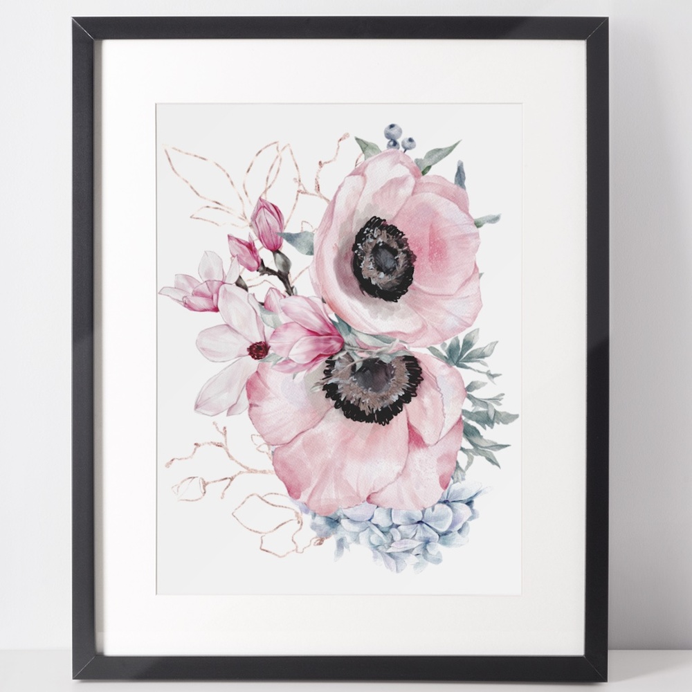Wall Art Watercolor Pink Flowers Poster Print UNFRAMED.